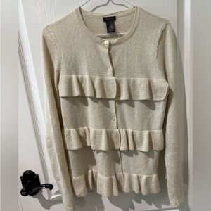 ANN TAYLOR Ivory White with Gold Threads Cardigan Sweater with Front Ruffles. S